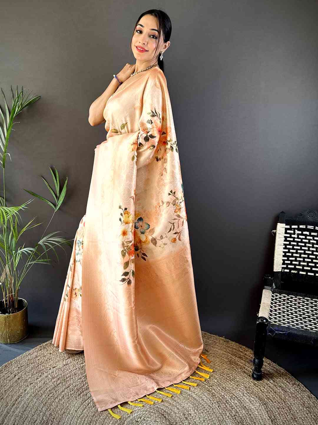 Peach Kanjivaram Digital Silk Saree by My Store
