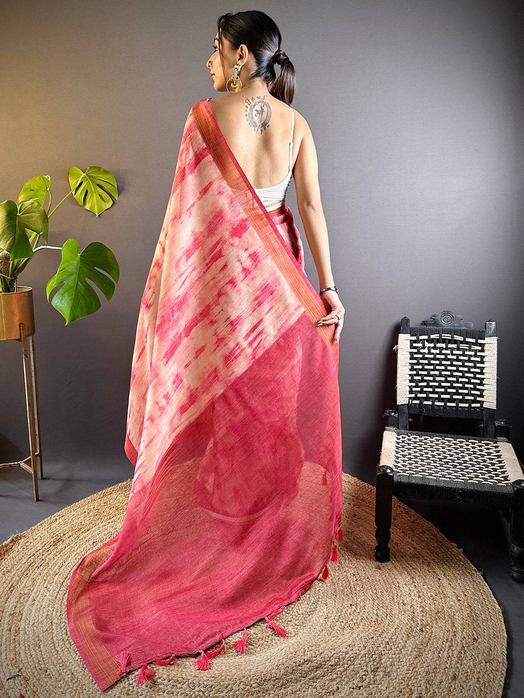 Blush Pink Shibori Print Linen Saree by My Store