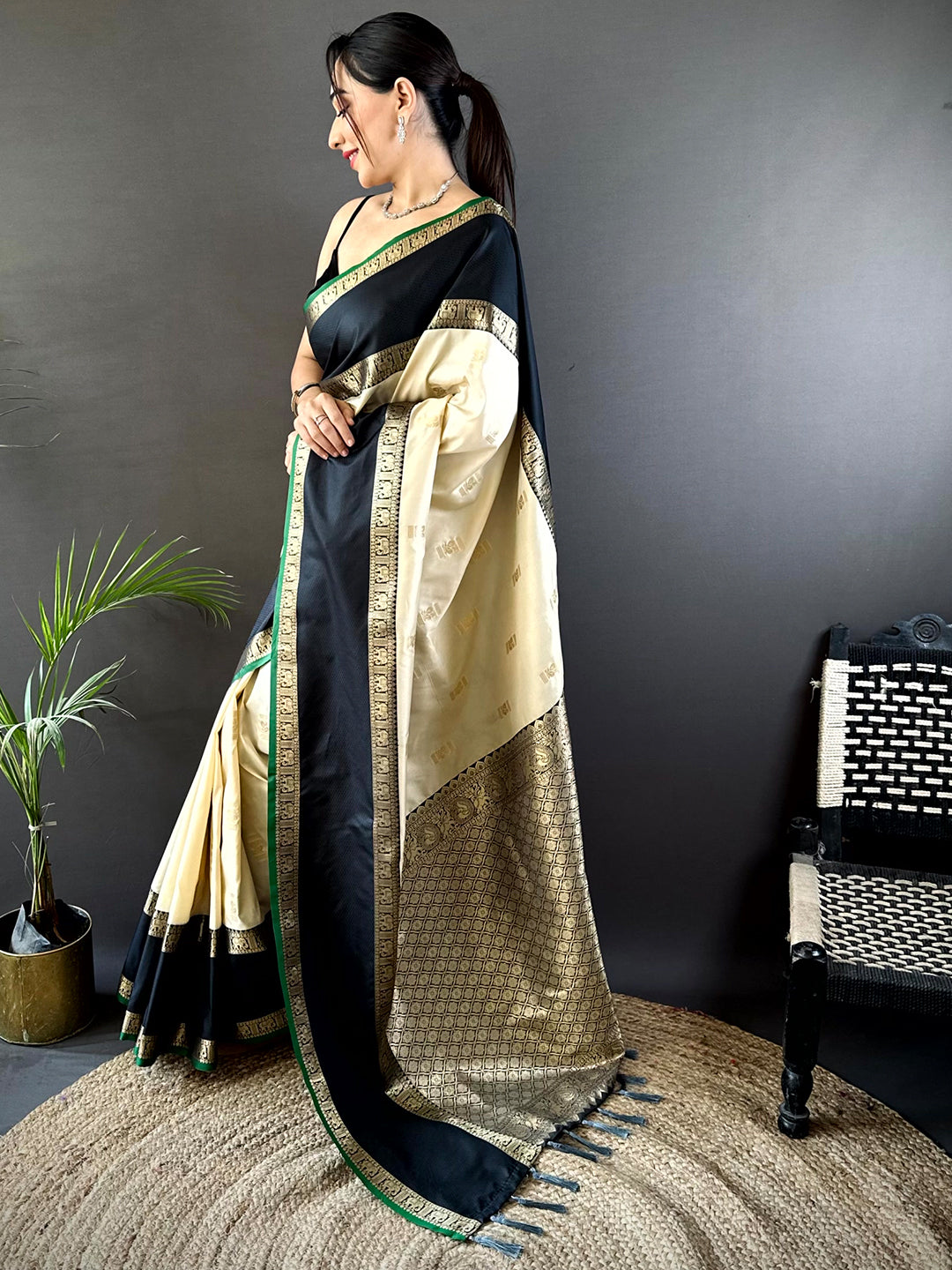 Cream Gadhwal Pure Soft Silk Saree by My Store