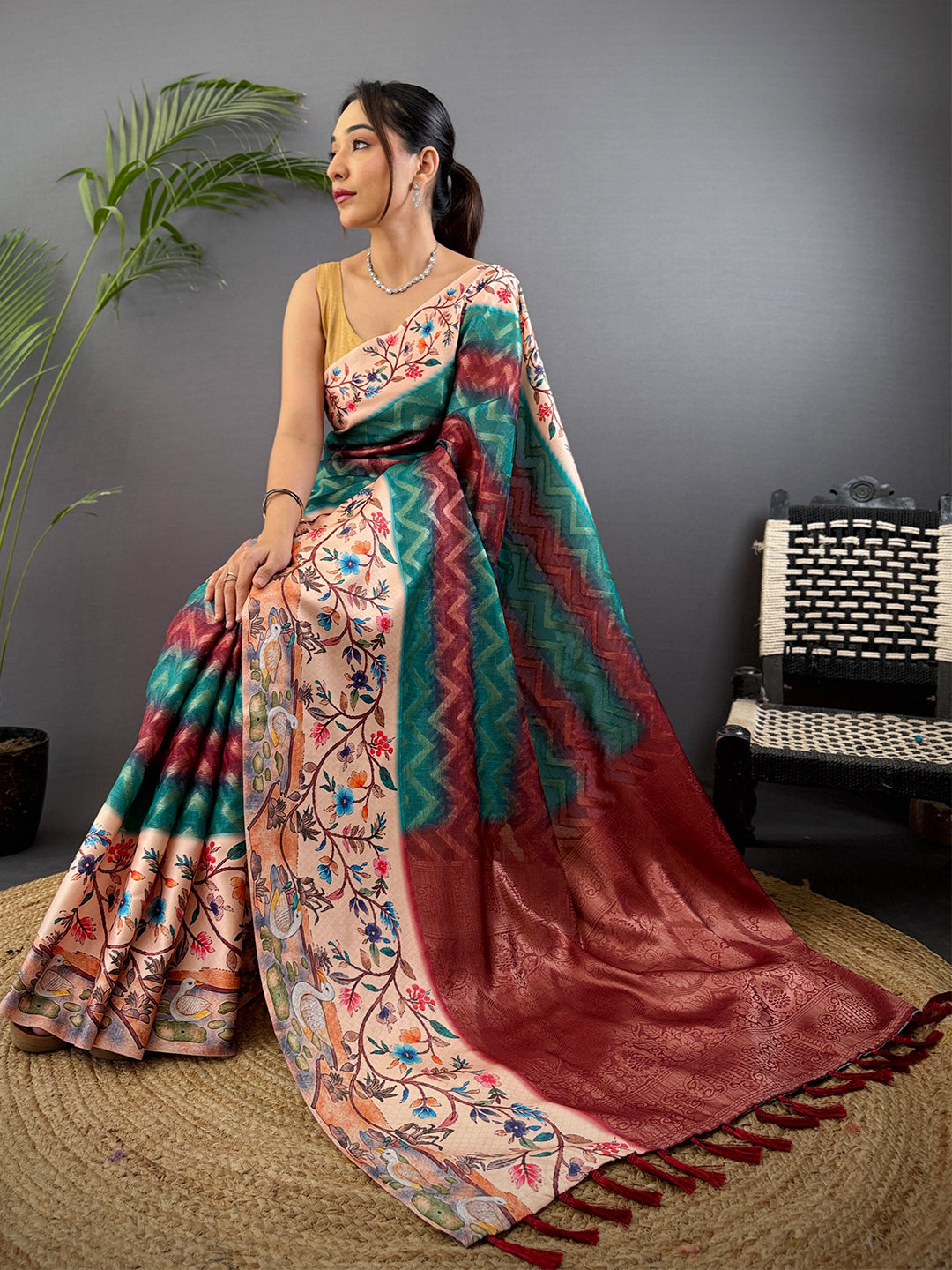 Teal Madhubani Print Soft Silk Saree