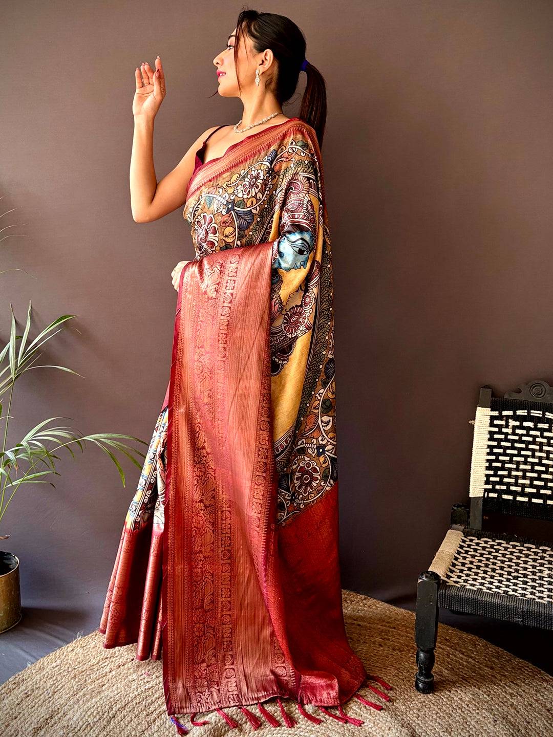 Buff Beige Soft Silk Saree With Pattu Zari Border by My Store