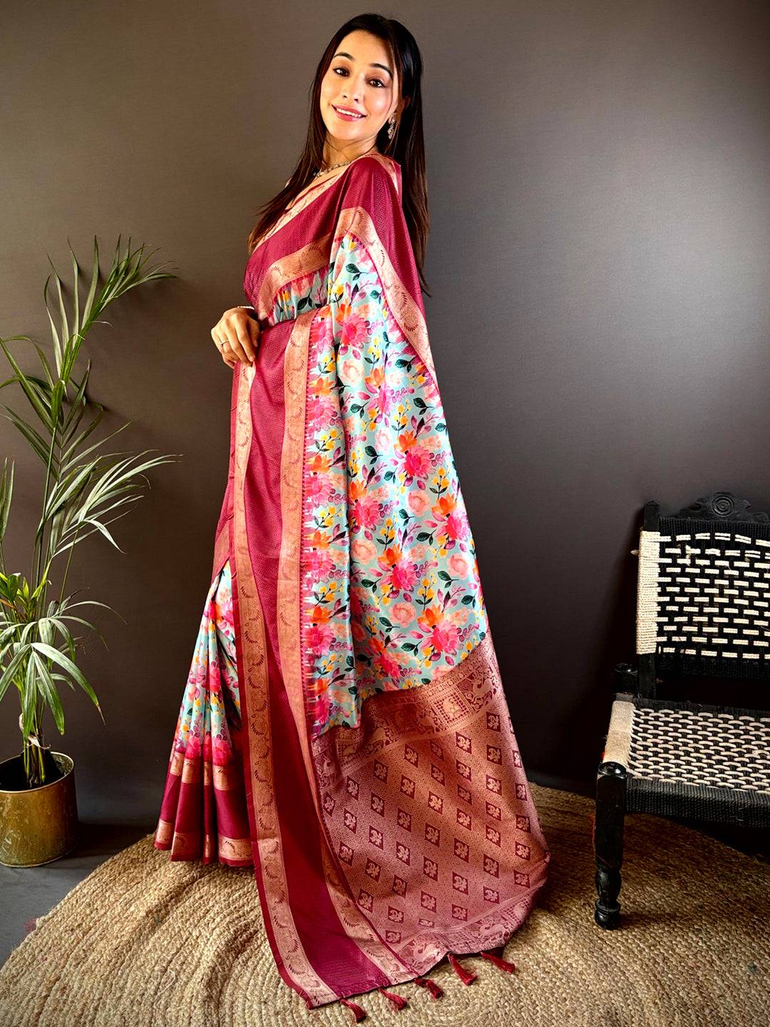 Opulent Wine Banarasi Soft Silk Saree by My Store