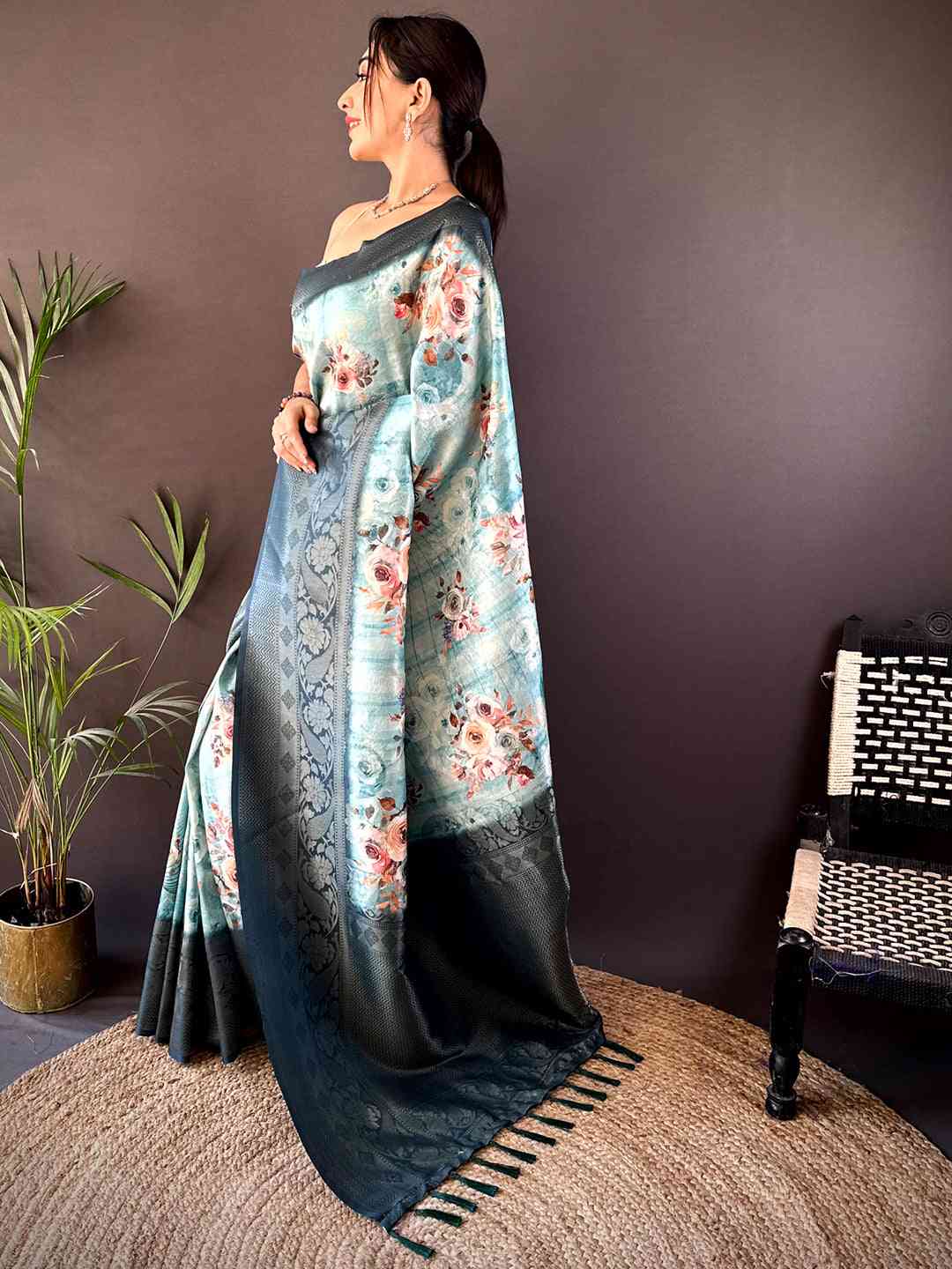 Teal Kanjivaram Digital Silk Saree by My Store