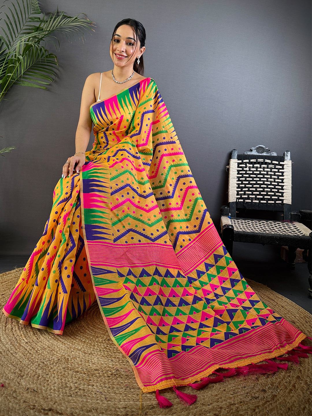 Mustard Yellow Dhakai Cotton Jamdani Saree by My Store