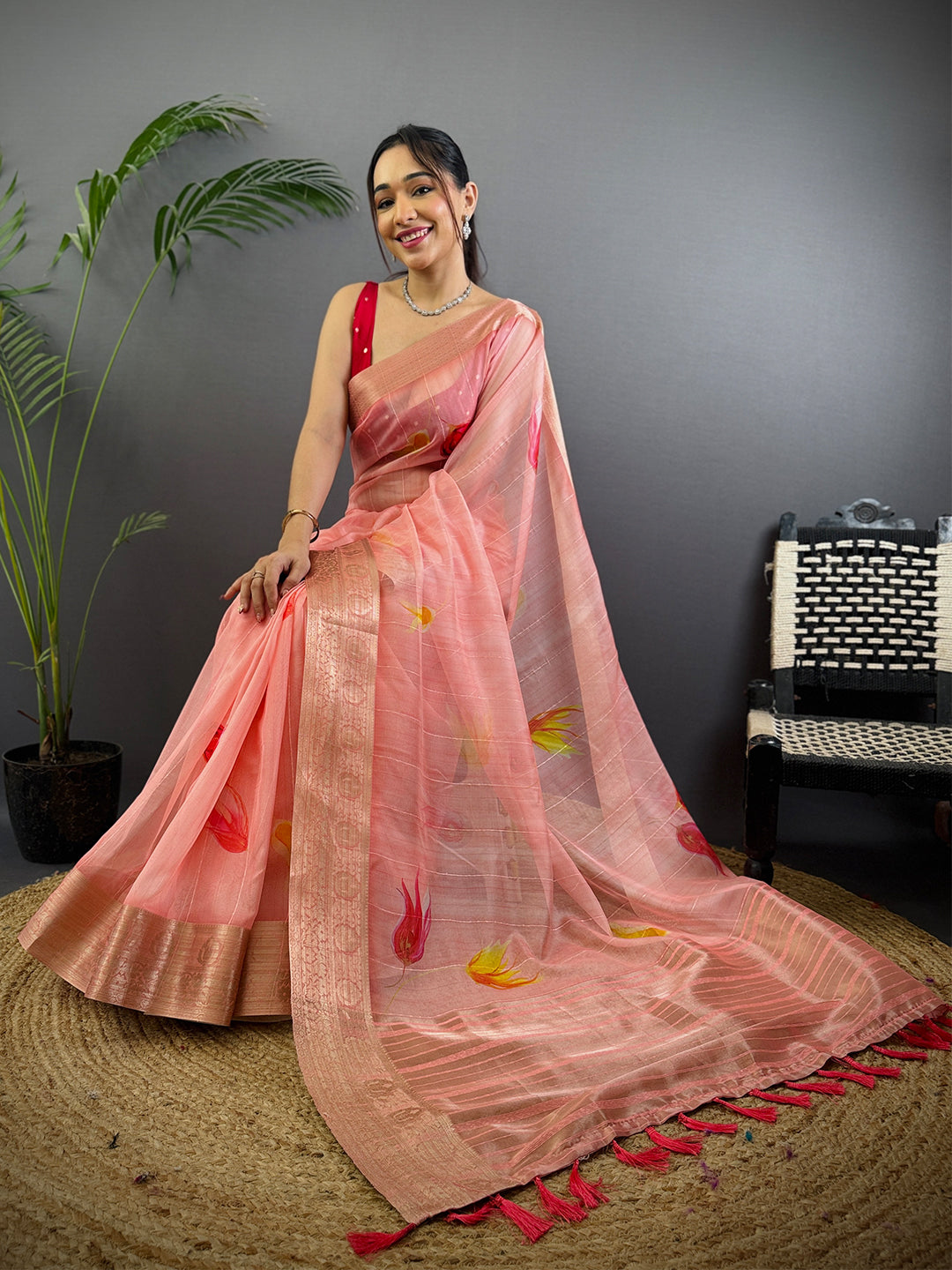 Blush Pink Soft Organza Digital Print Saree by My Store