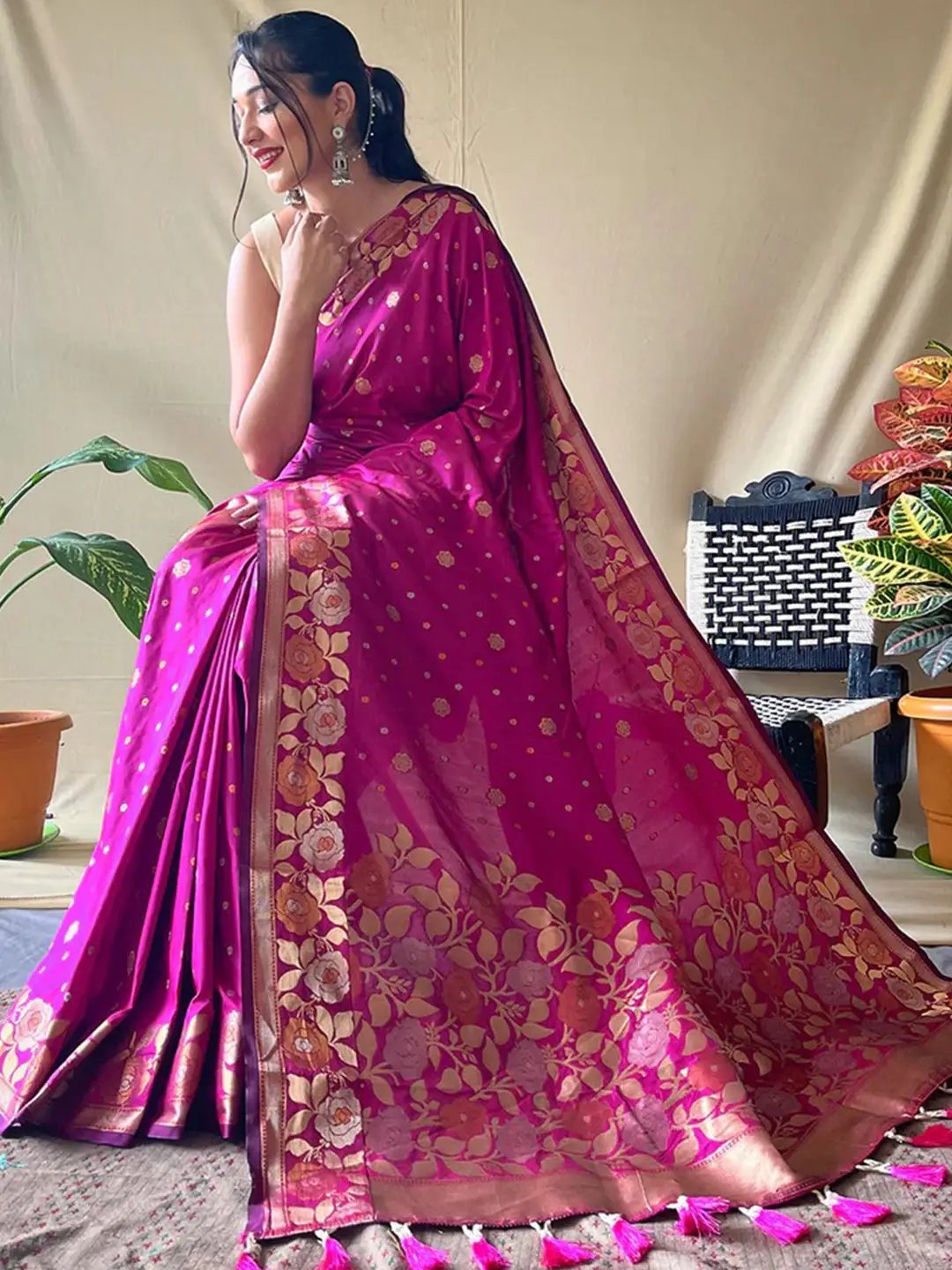 Pink Colour Banarasi Silk Zari Woven Saree by My Store