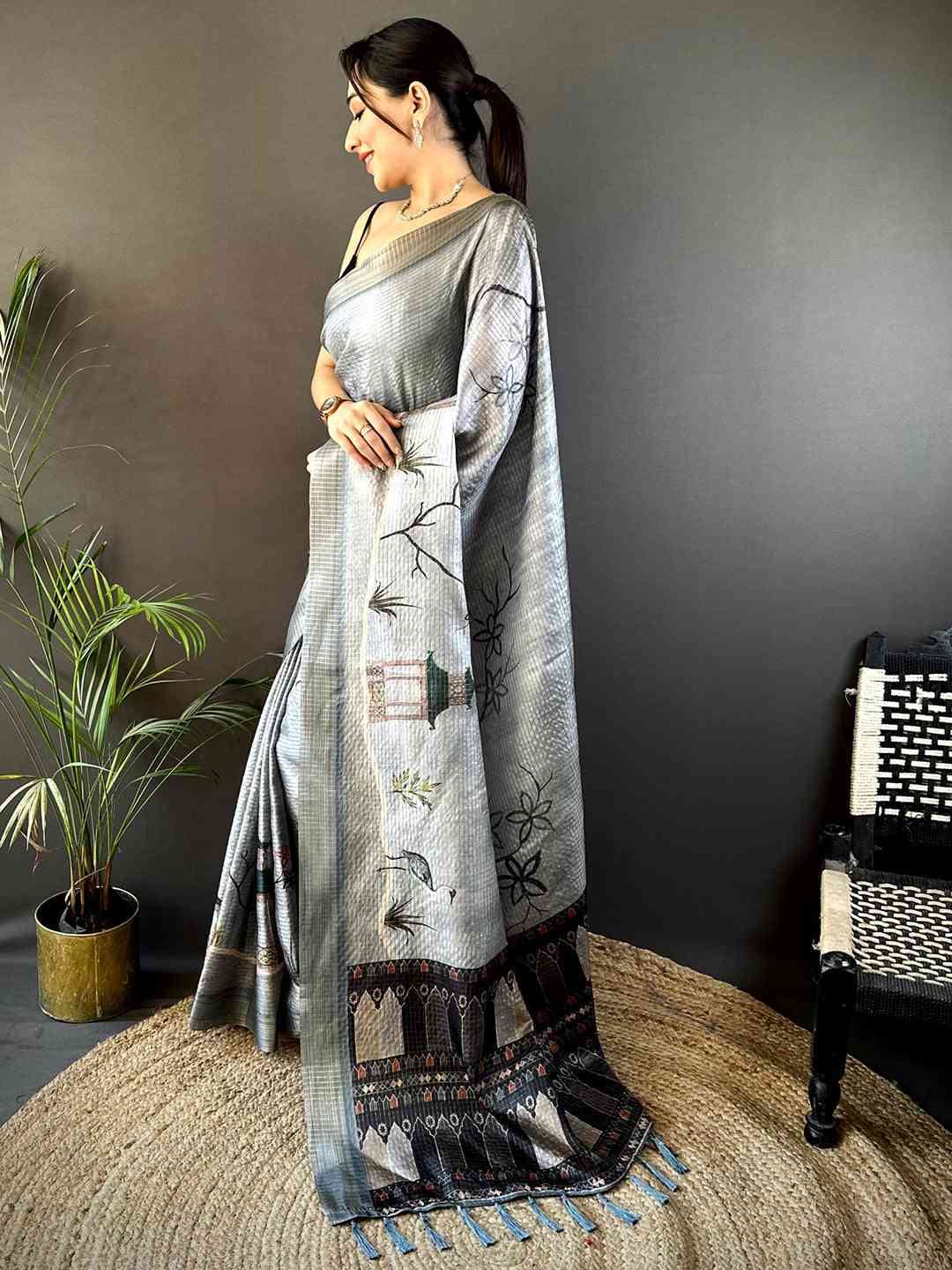 Slate Grey Tussar Chex Japanese Print Saree by My Store