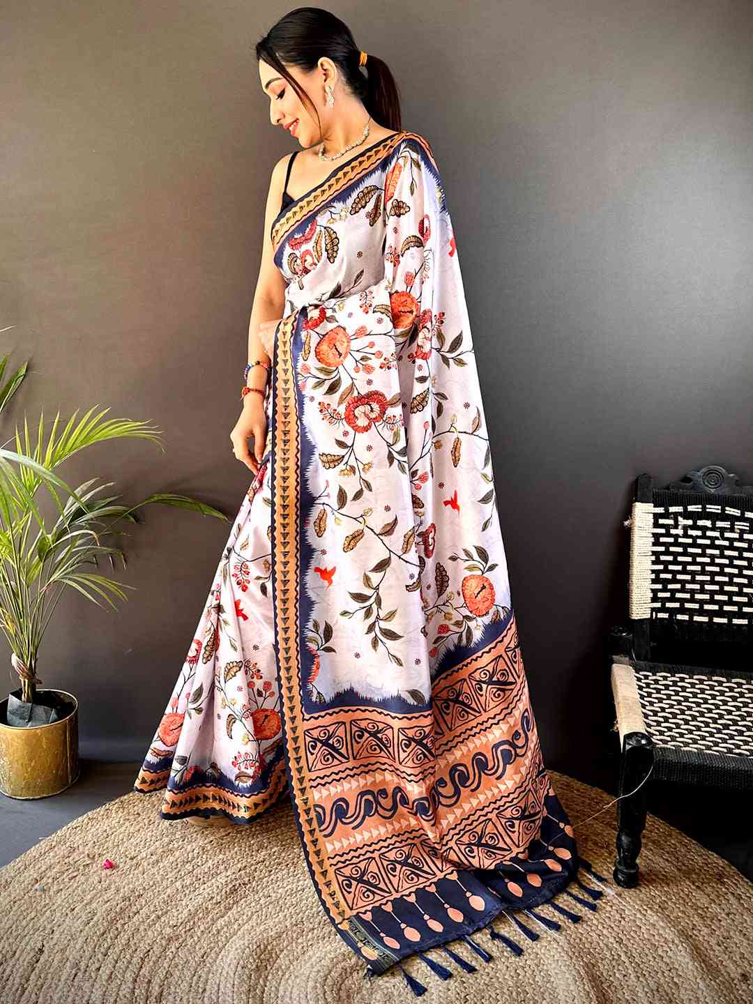 Off White Soft Silk Floral Saree by My Store