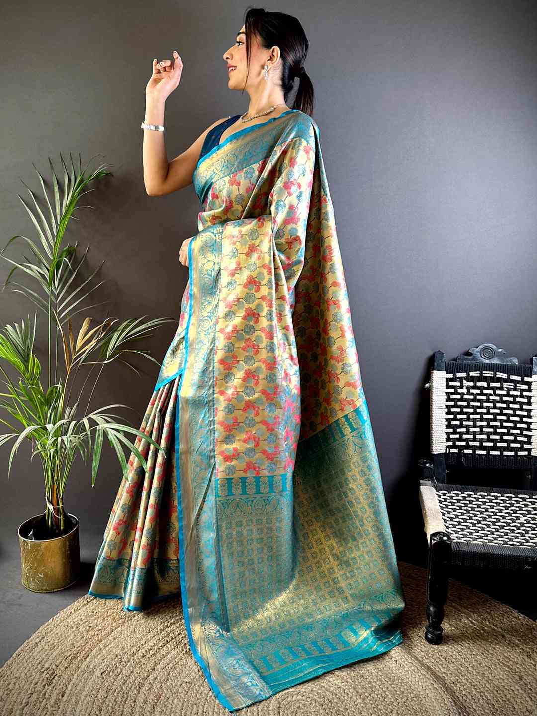 Serene Rama Floral Dharmavaram Silk Saree by My Store