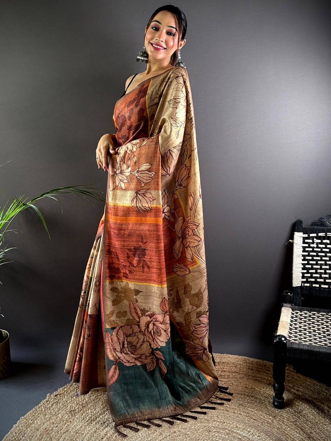 Coffee Brown Semi Gold Zari Tussar Saree by My Store