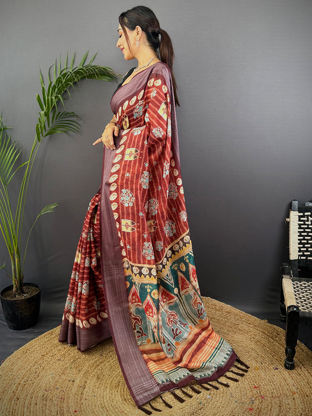 Red Linen Block Kalamkari Print Saree by My Store