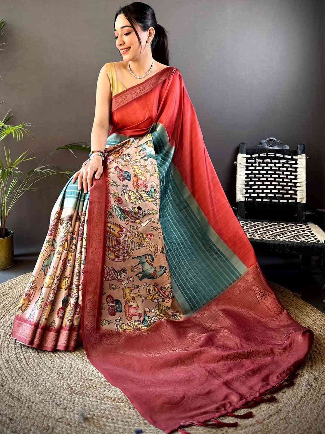 Rose Red Kalamkari Ombre Soft Silk Saree by My Store