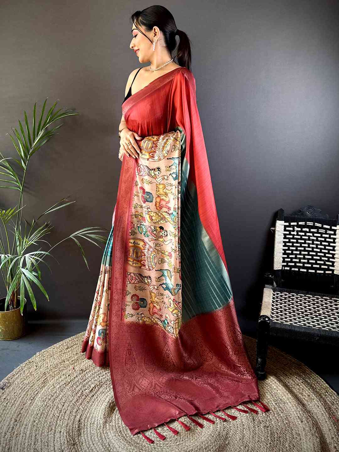 Red Soft Silk Placement Digital Print Saree by My Store