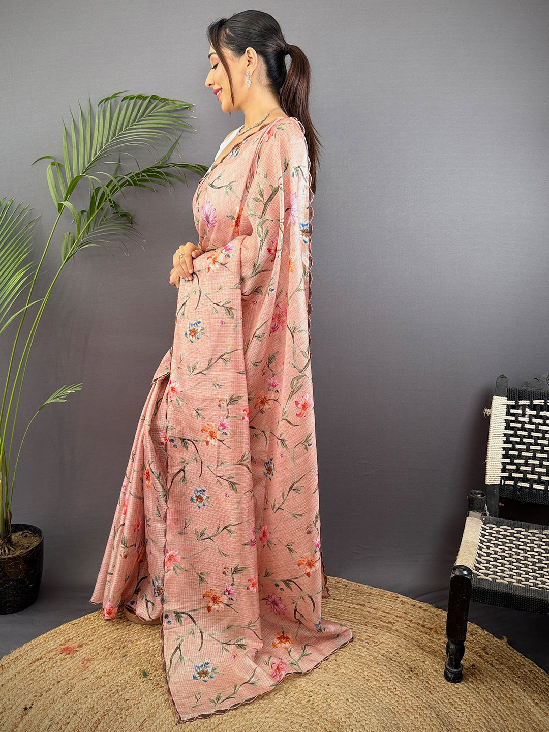 Peach Soft Kota Floral Print Saree by My Store