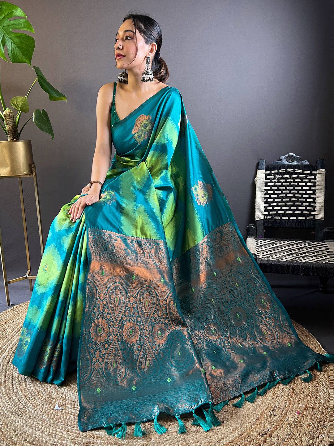 Parrot Green Tussar Silk Ikkat Weaving Saree by My Store