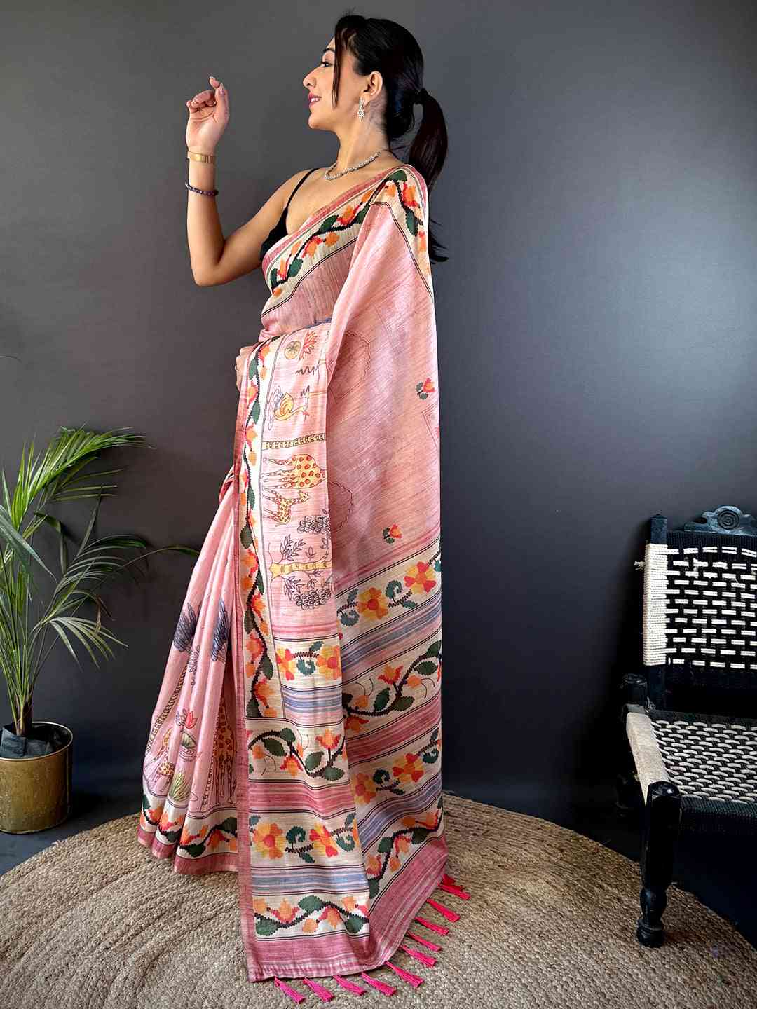 Crepe Pink Jungle Floral Zari Tissue Saree by My Store
