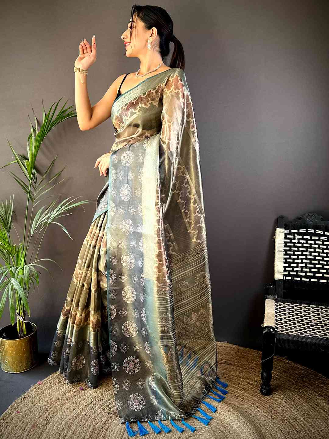 Light Green Tissue Striped Digital Printed Saree by My Store