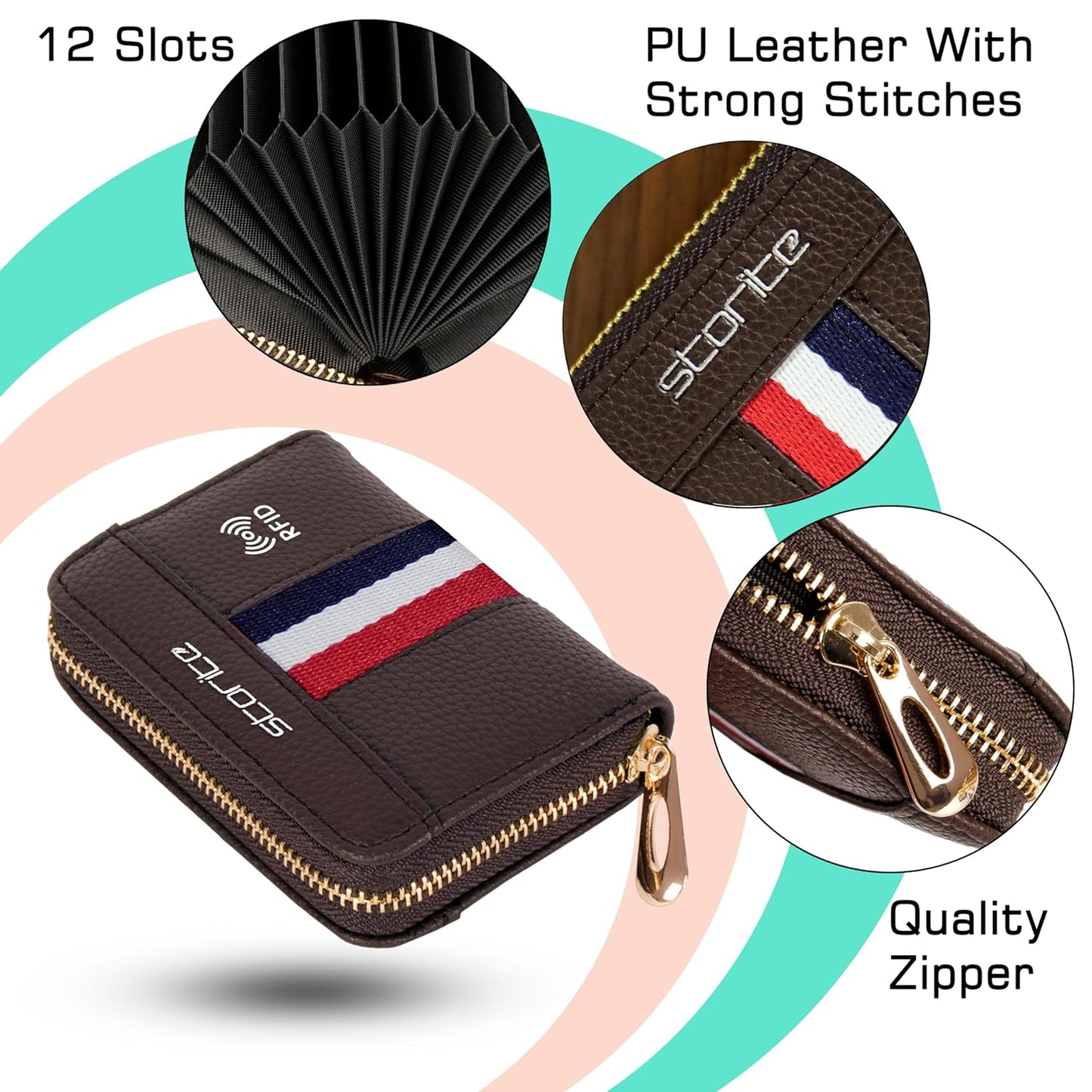 Storite - 12 Slot RFID PU Leather Card Holder Wallet with Zipper for Men & Women