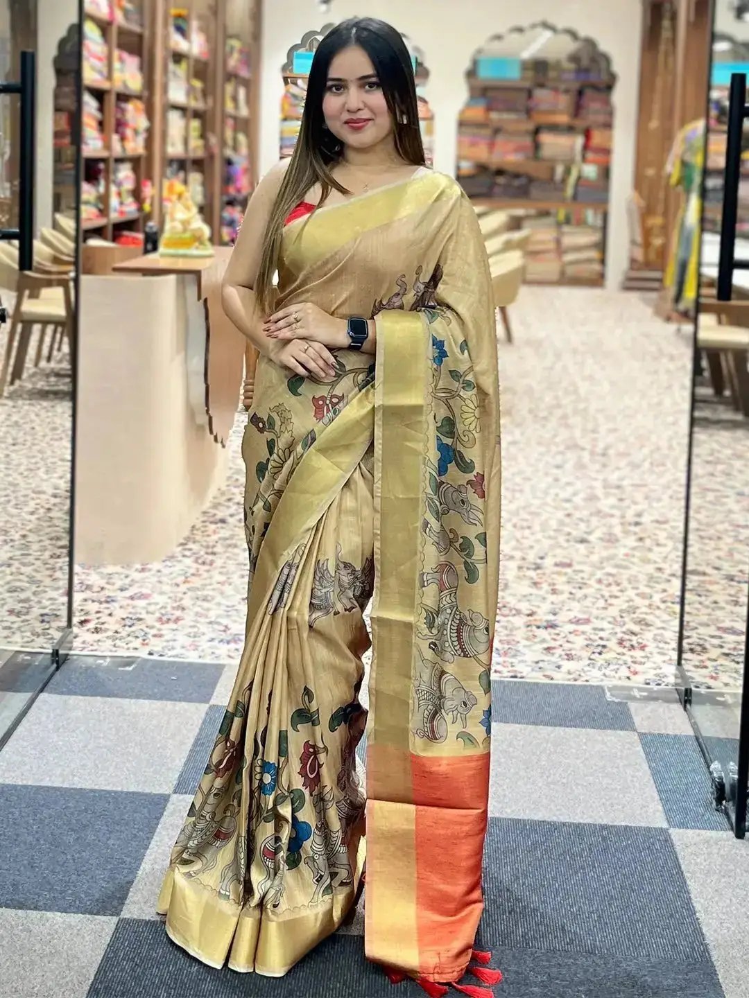 Incredible Pen Kalamkari Linen Tissue Soft Saree by My Store