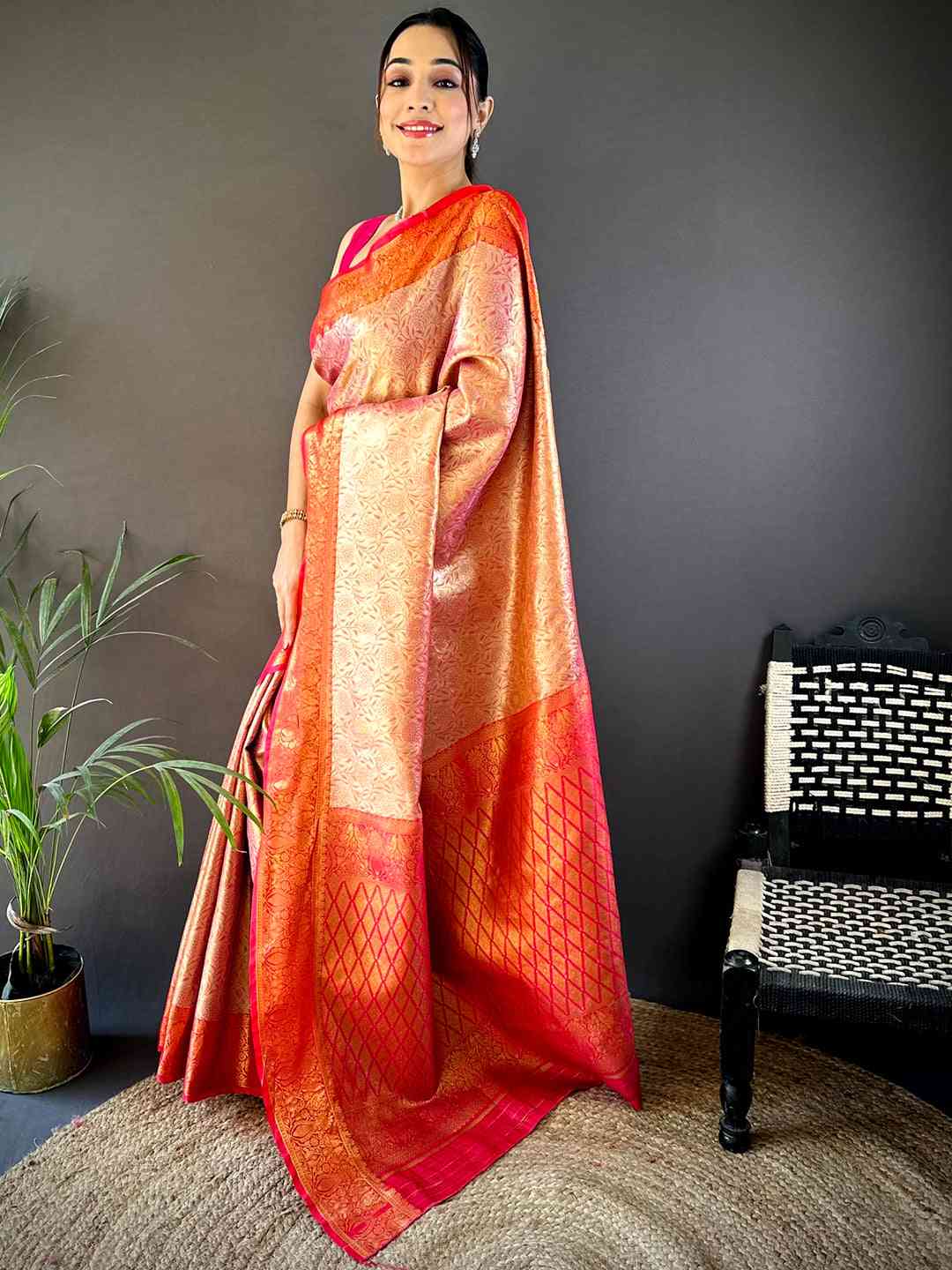 Gold Zari Floral Saree in Pink by My Store