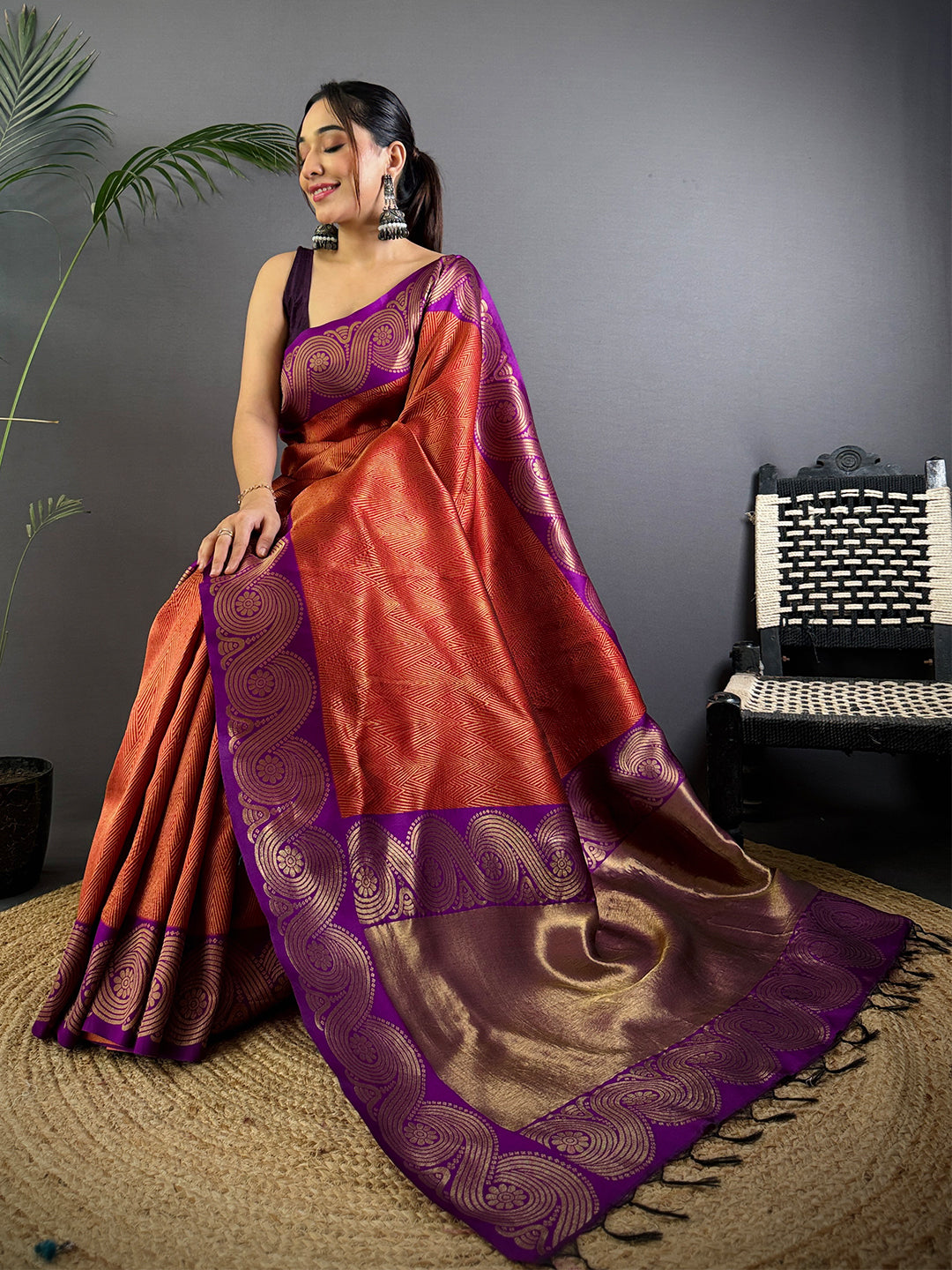 Rust Orange Banarasi Katan Silk Saree