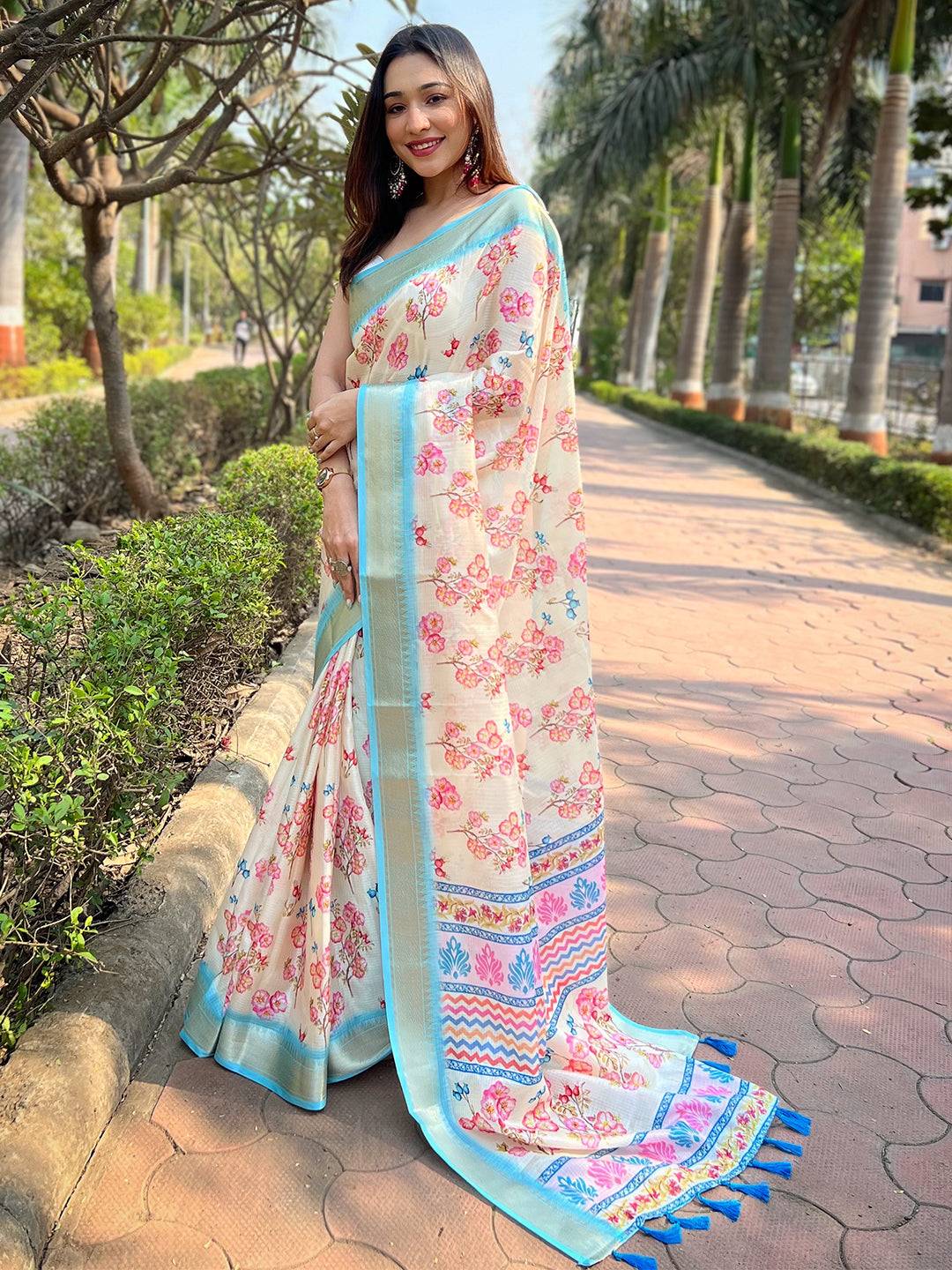 Cream Kota With Digital Floral Printed Saree by My Store
