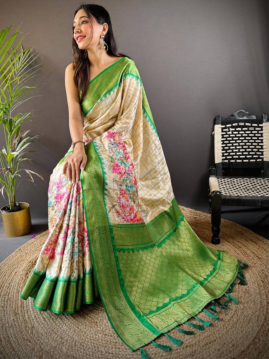 Green Floral Bloom Kovai Rettapet Saree by My Store