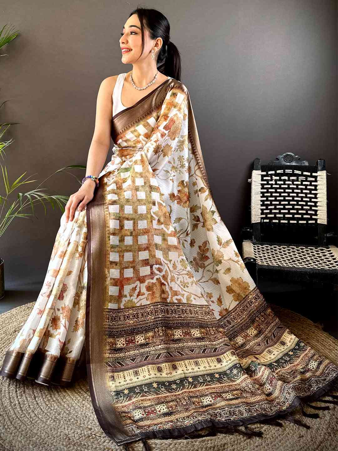 Coffee Brown Kota Doriya Floral Print Saree by My Store