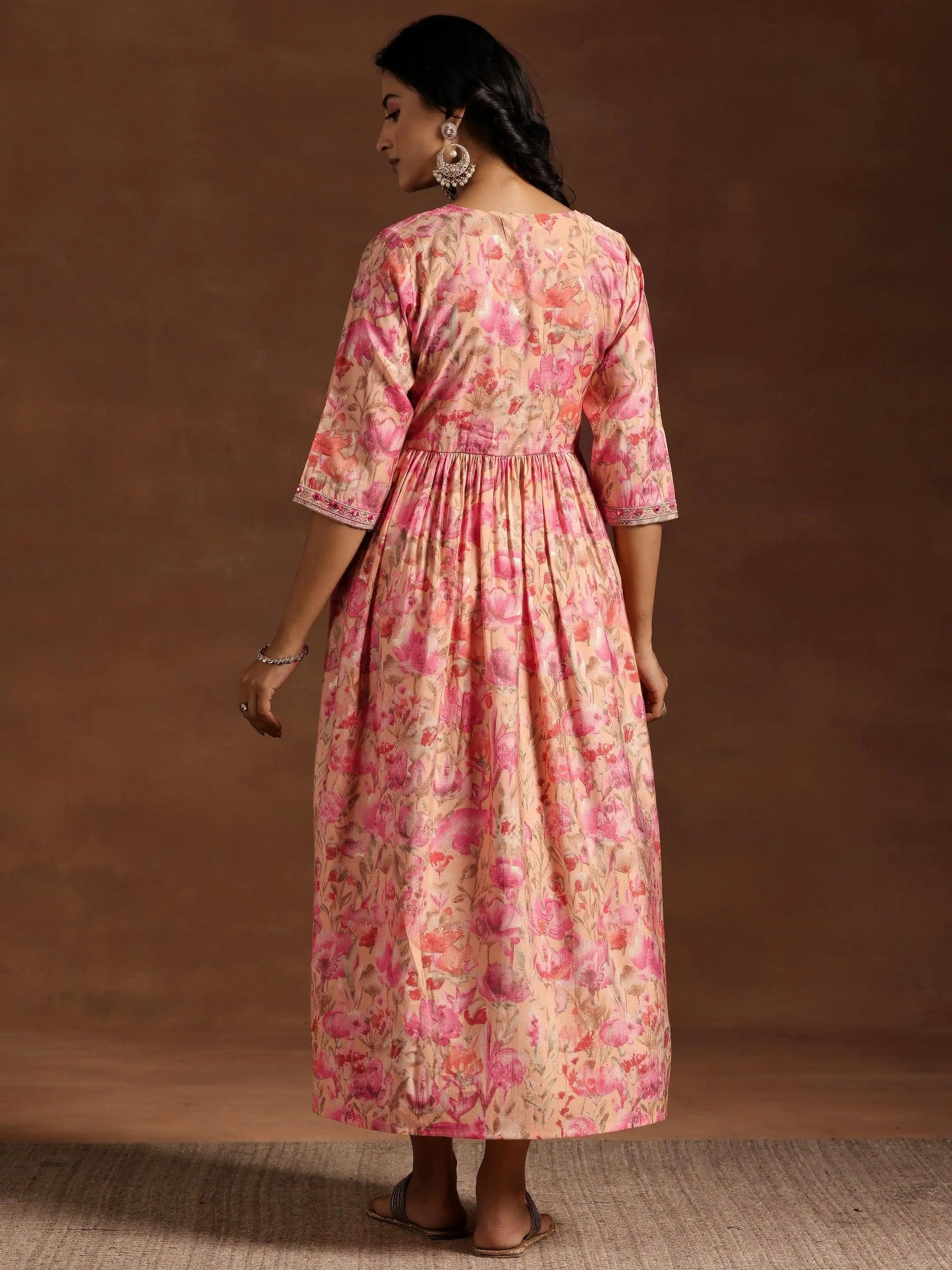 Orange Printed Silk Fit and Flare Dress by My Store