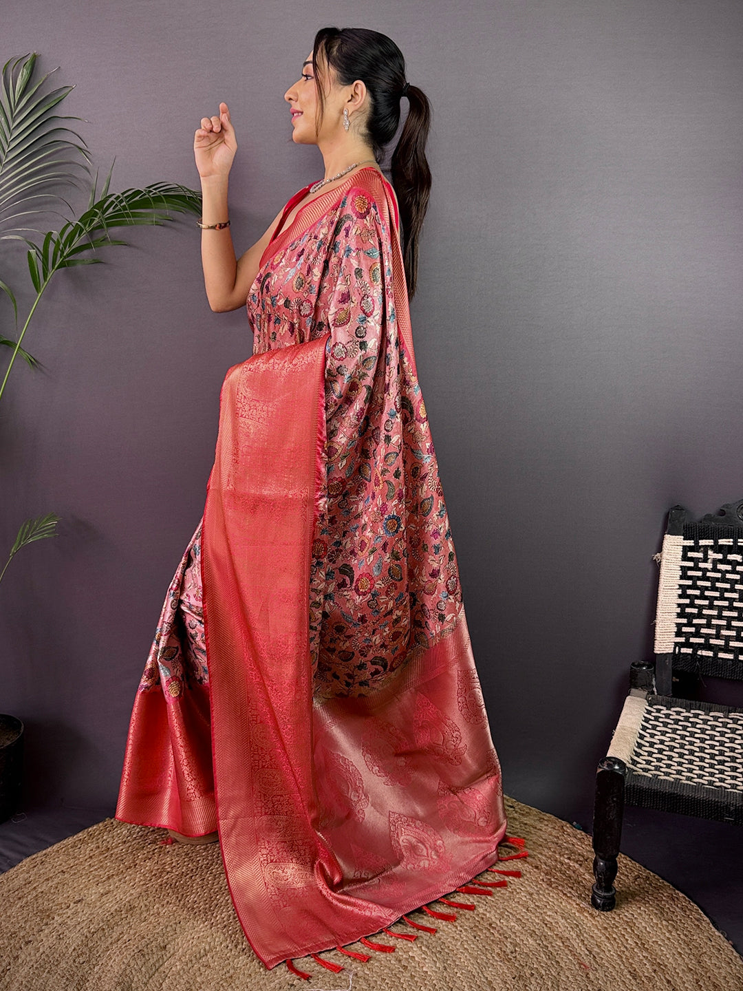 Coral Red Cherry Satin Kalamkari Saree by My Store