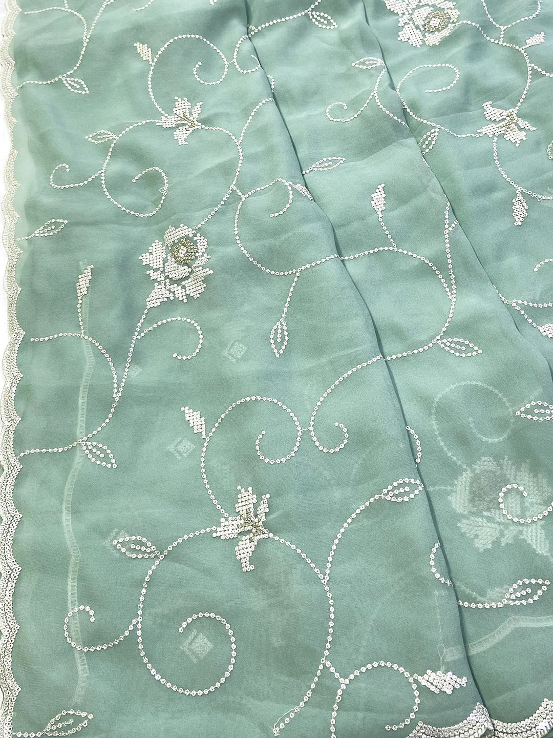Pista Georgette Sequin Embroidery Saree by My Store