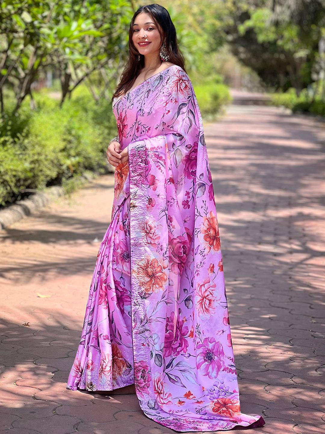 Satin Georgette Pink Floral Digital Print Saree by My Store