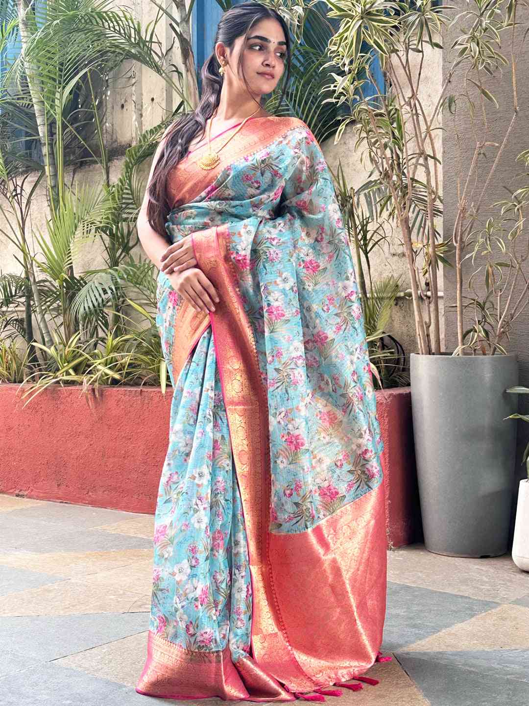 Trendy Turquoise Colour Digital Flower Print Kota Silk Saree