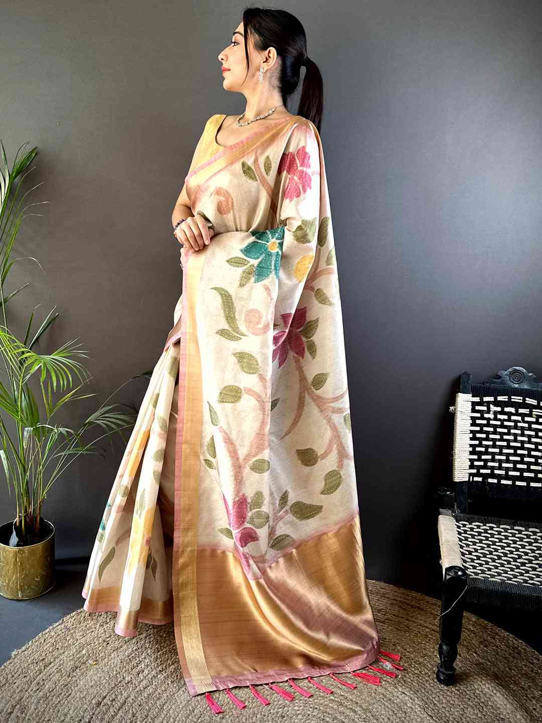 Cream Soft Silk Tissue Floral Print Saree by My Store