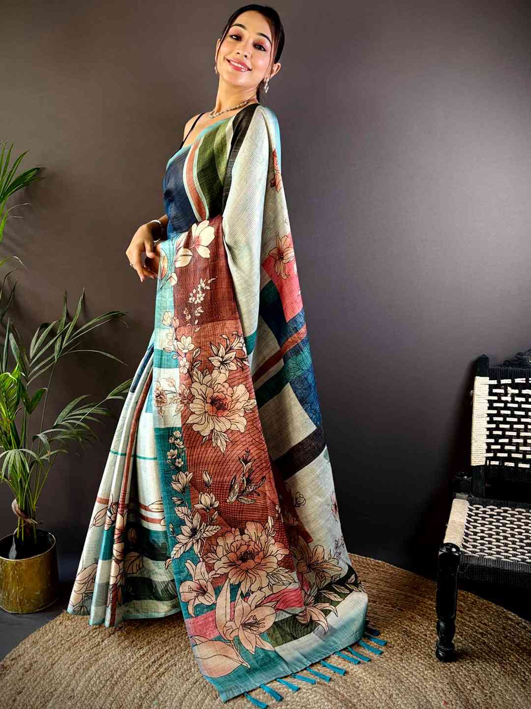 Multi Tussar Zari Floral Saree by My Store