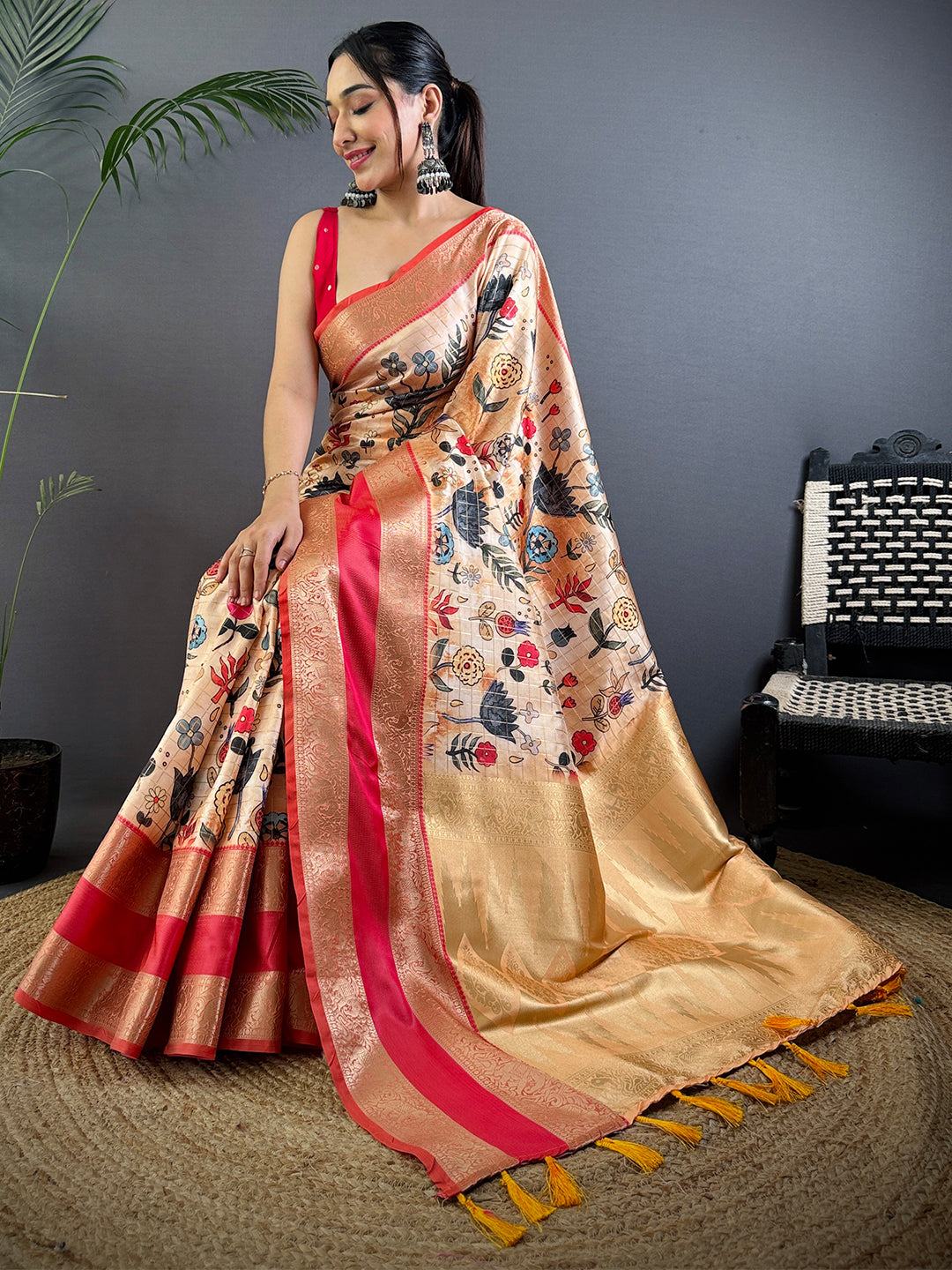 Beige Soft Silk Gadwal Kalamkari Saree