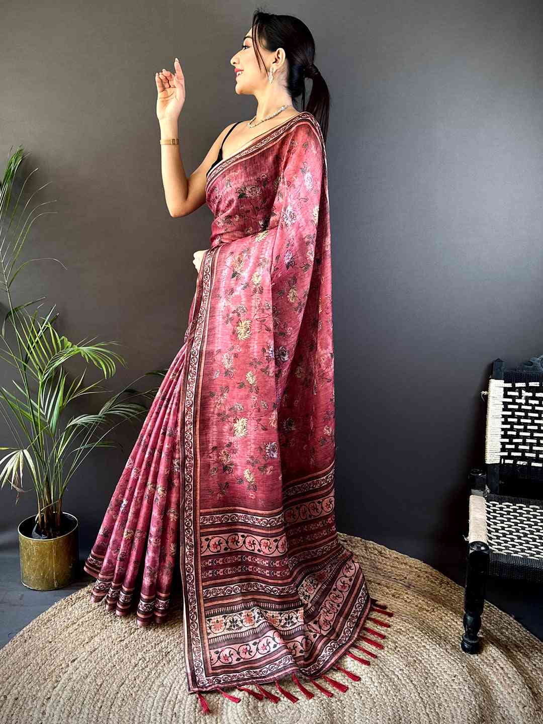 Rose Pink Gold Zari Chanderi Phulkari Saree by My Store