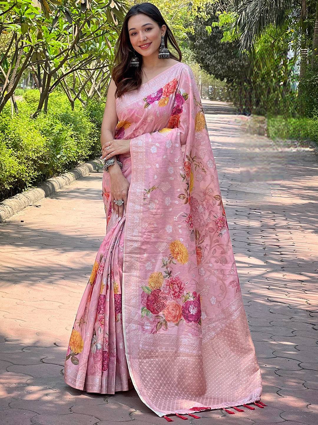 Light Pink Lakhnavi Bandla Zari Weaving Saree by My Store