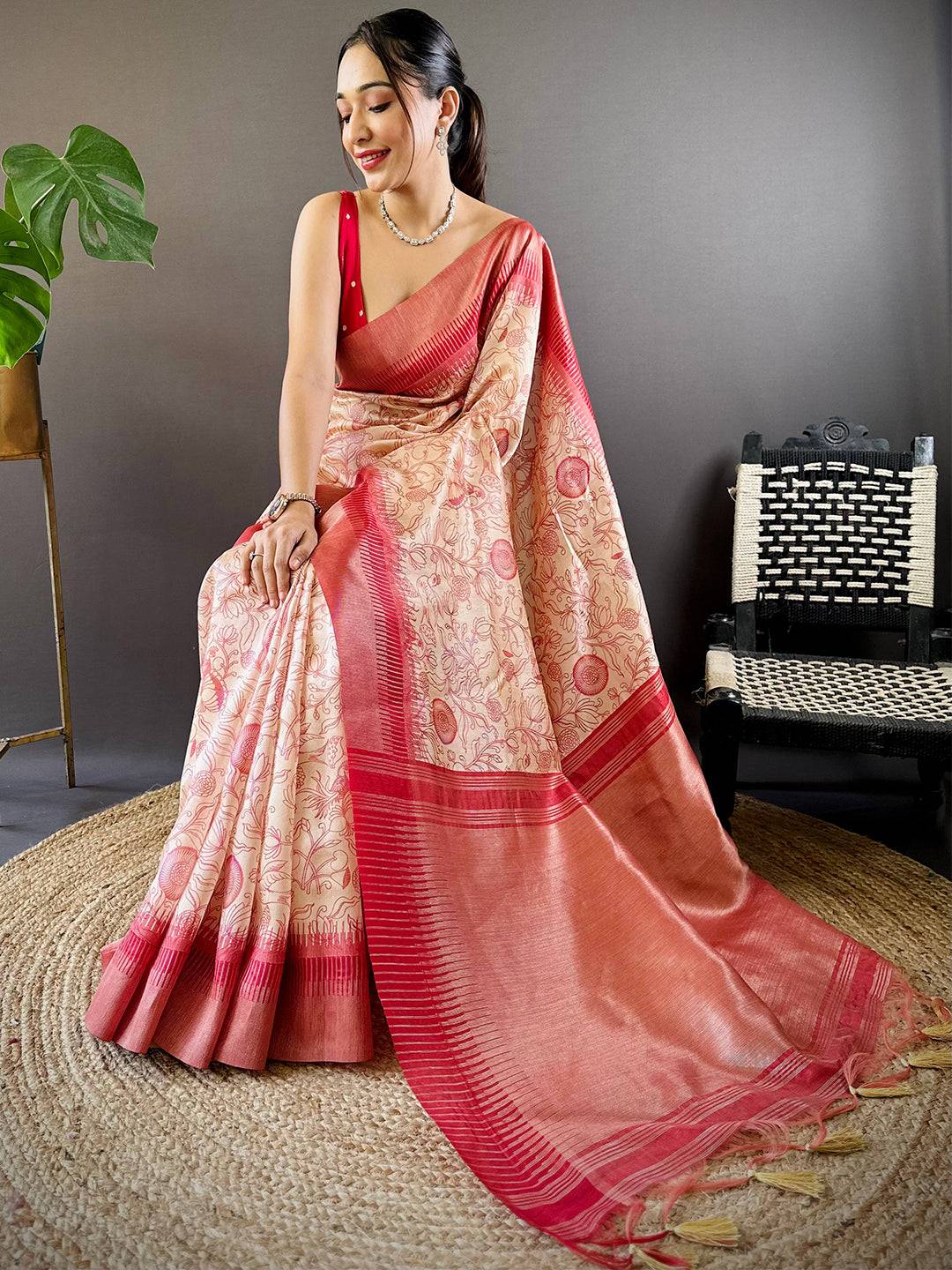 Pink Floral Tussar Silk Saree by My Store