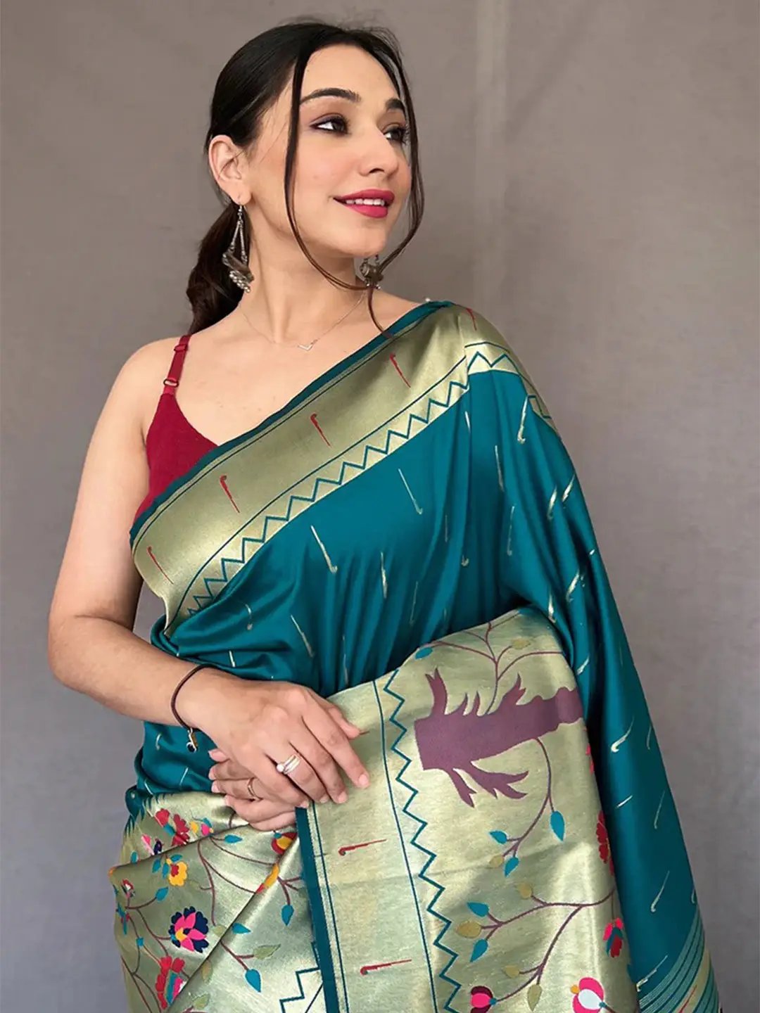 Teal Colour Paithani Big Border Zari Woven Saree by My Store