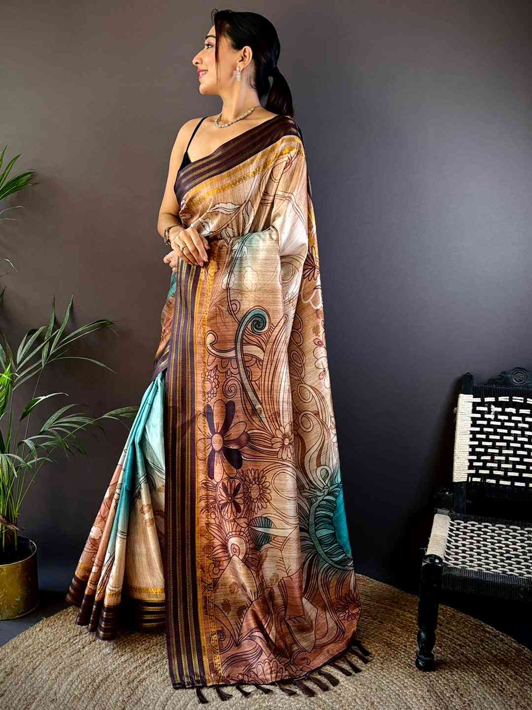 French Beige Soft Silk Abstract Geometric Saree by My Store
