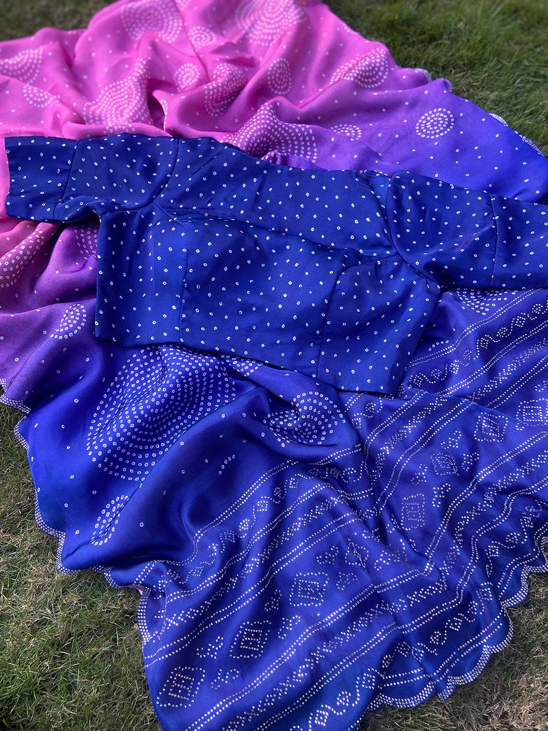 Pink Georgette Silk Saree with Ombre Bandhej Print & Swaroski Stone Work by My Store