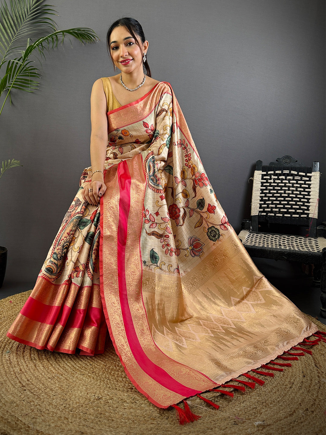 Cream Soft Silk Gadwal Kalamkari Saree by My Store