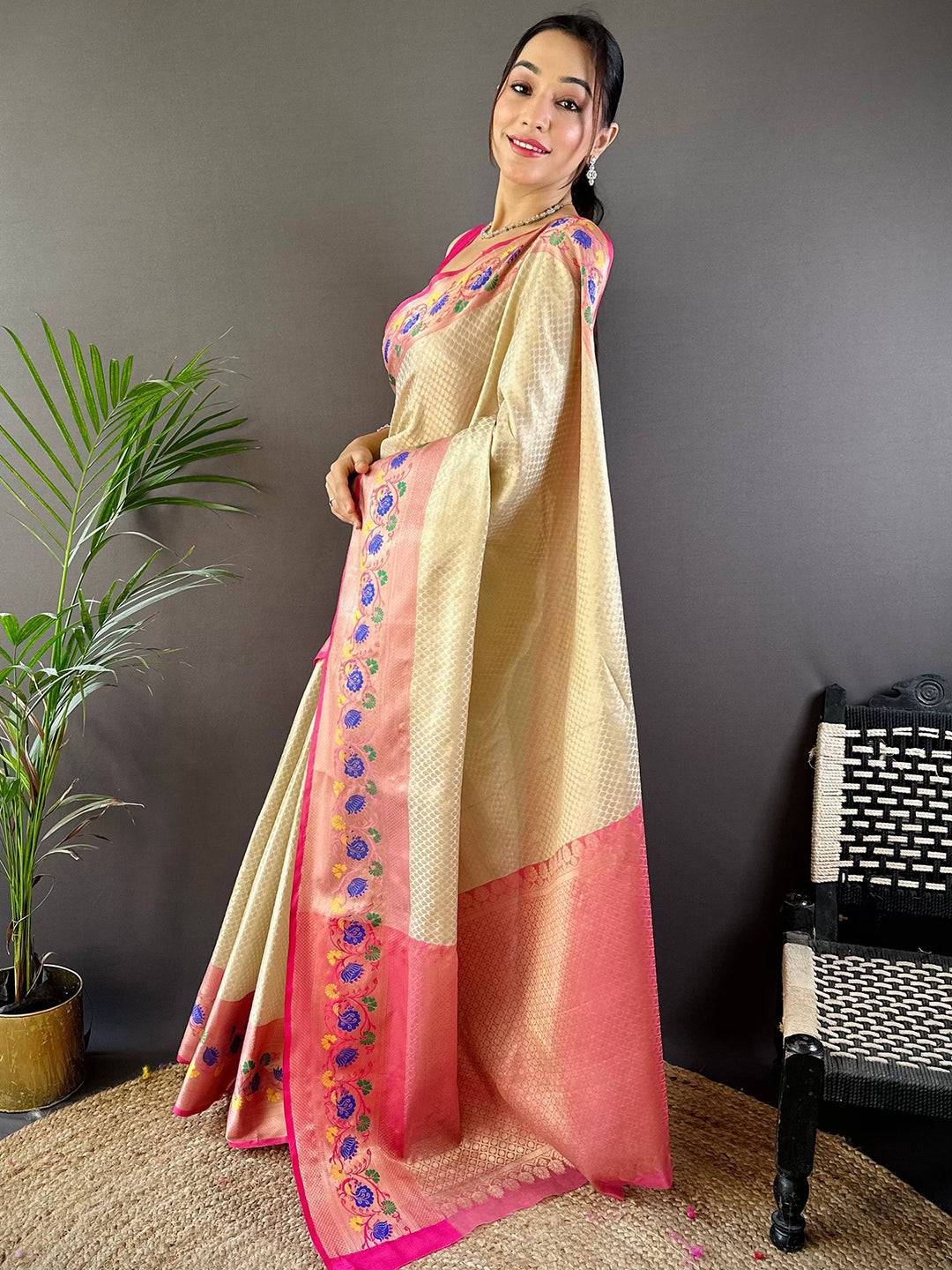 Radiant Floral Banarasi Kora Silk Saree by My Store