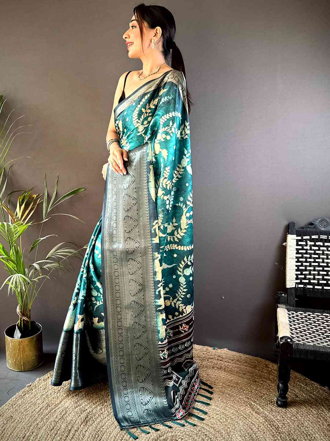 Teal Floral Animal Batik Soft Silk Saree by My Store