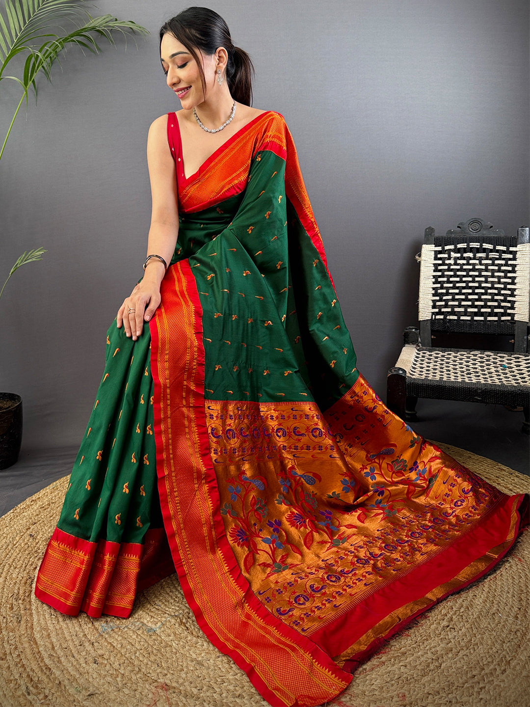 Green Soft Silk Paithani Saree by My Store