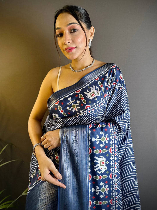 Navy Blue Zig Zag Kalamkari Kanchi Silk Saree by My Store