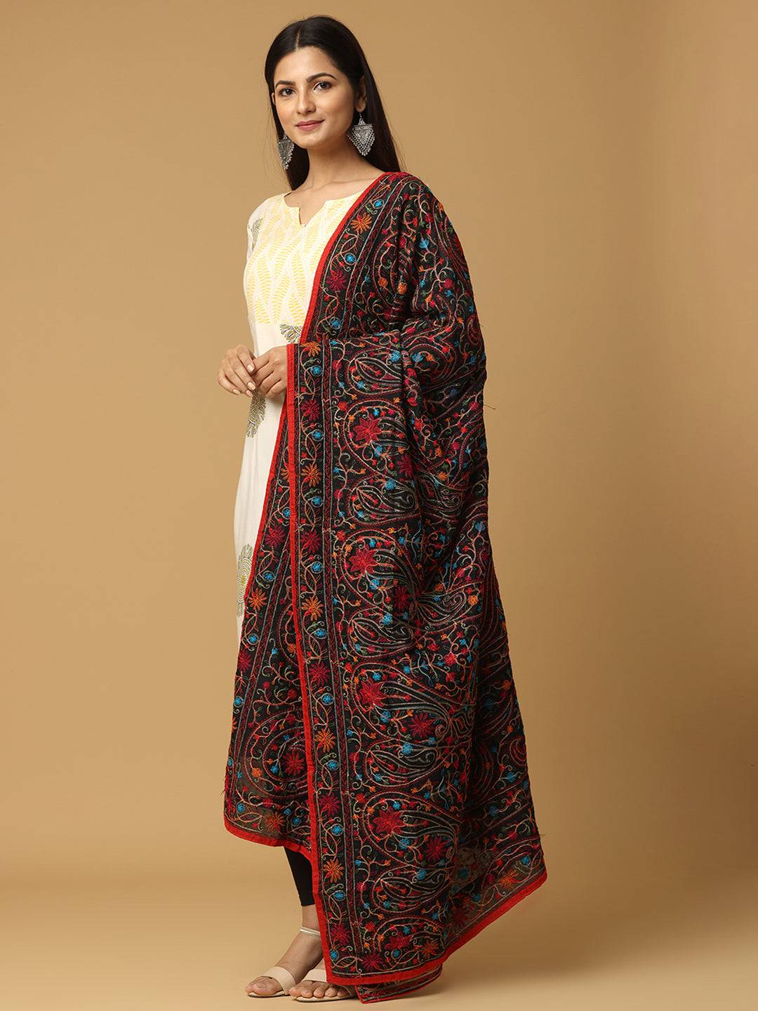 Poly Chiffon Black Colour Pashmina Threadwork Dupatta by My Store