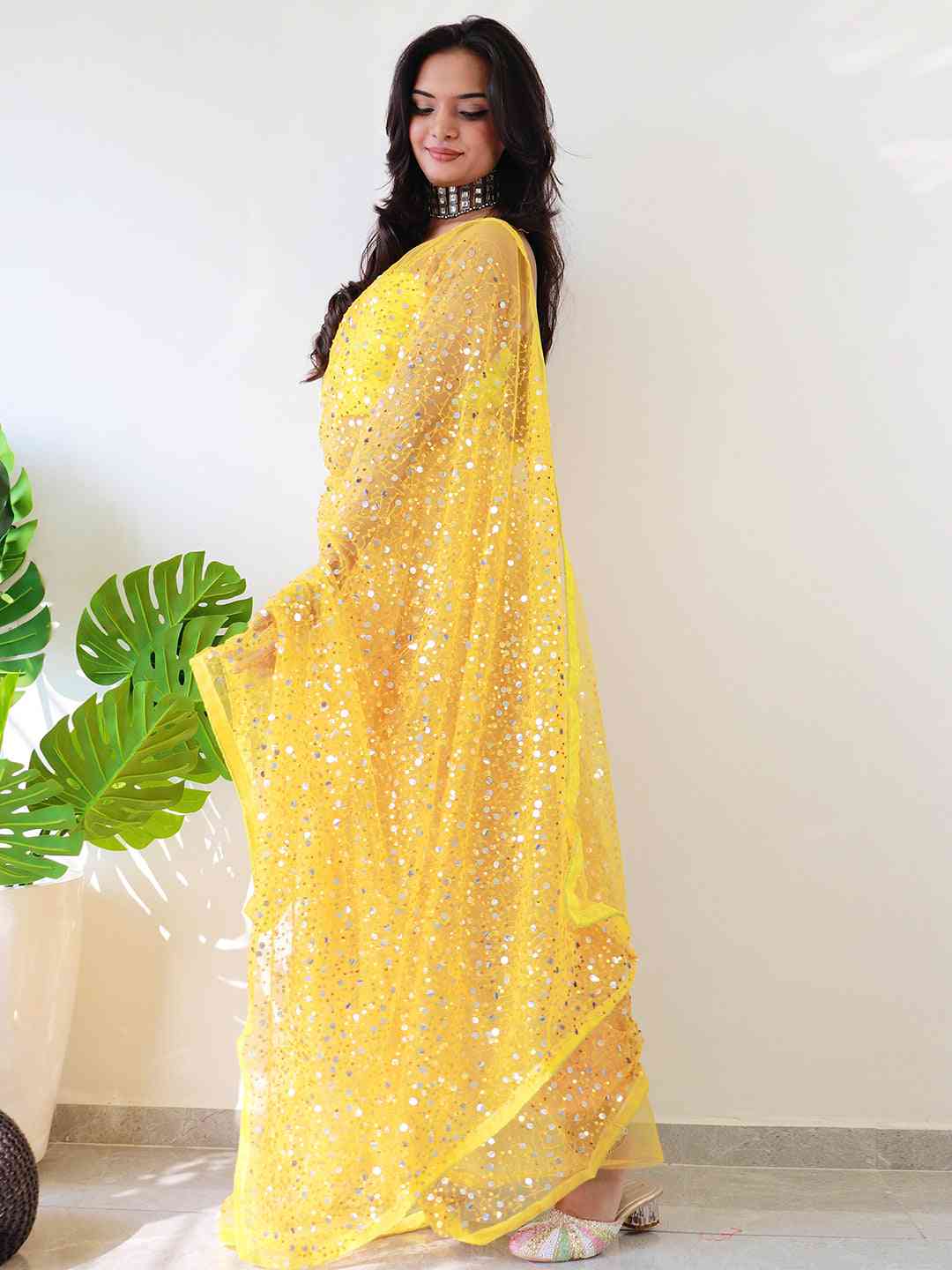 Beautiful Net Saree With Sequins Embroidery Work