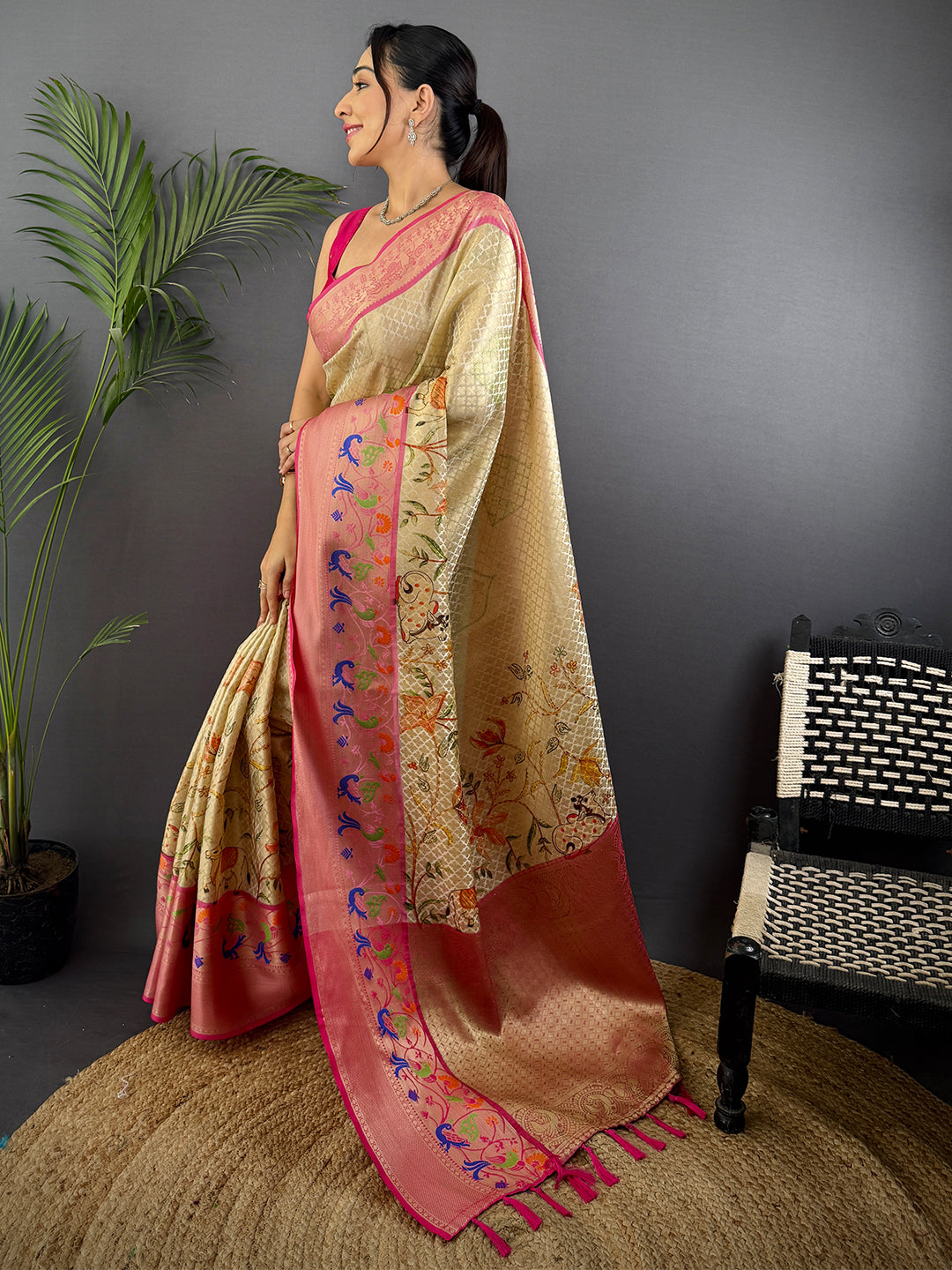 Heritage Kora Muslin Floral Kalamkari Saree by My Store